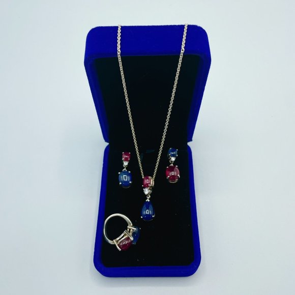 Sapphire and Ruby Sterling Silver Jewelry Set Necklace, Earrings, Ring - Picture 2 of 7